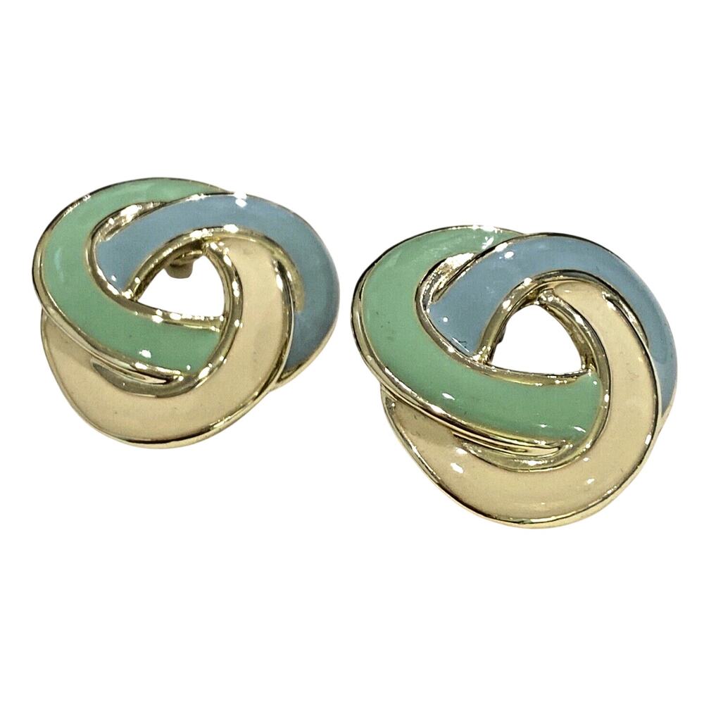Vintage Pierced Earrings Goldtone Celtic Knot with Green Blue & Cream Enamel